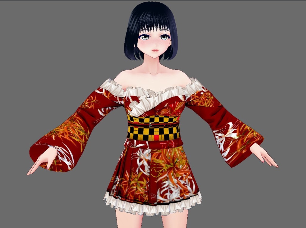 【Vroid】九月長月・レース付彼岸花柄浴衣(女性・女装用/2色8パターン+草履付)