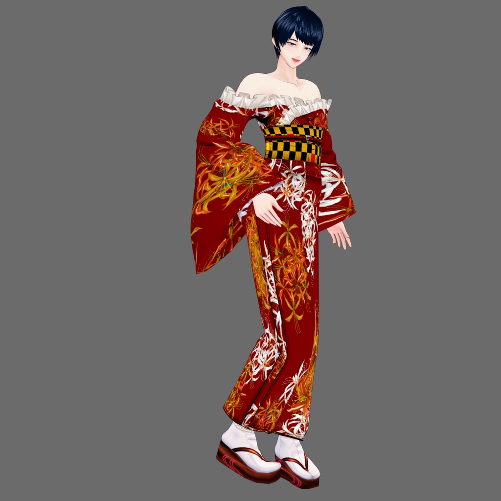 【Vroid】九月長月・レース付彼岸花柄浴衣(女性・女装用/2色8パターン+草履付)