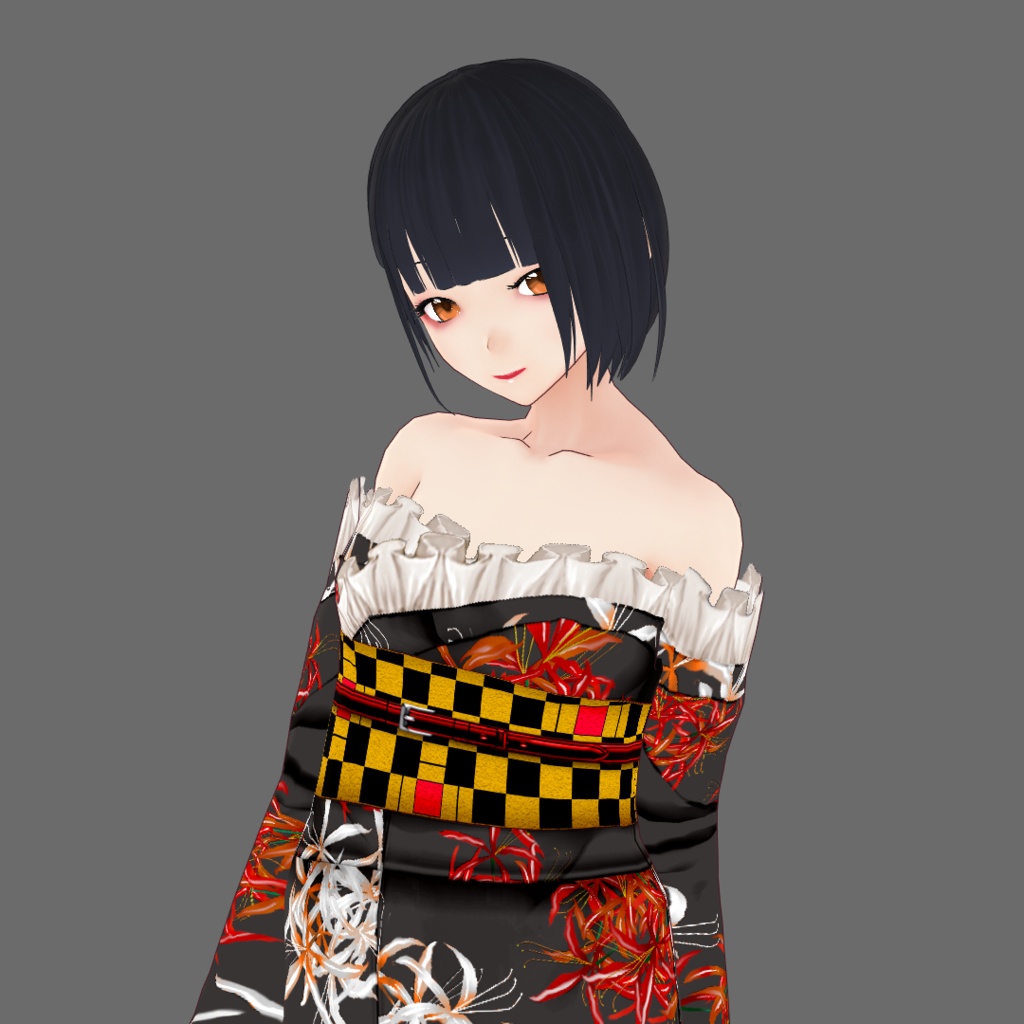 【Vroid】九月長月・レース付彼岸花柄浴衣(女性・女装用/2色8パターン+草履付)