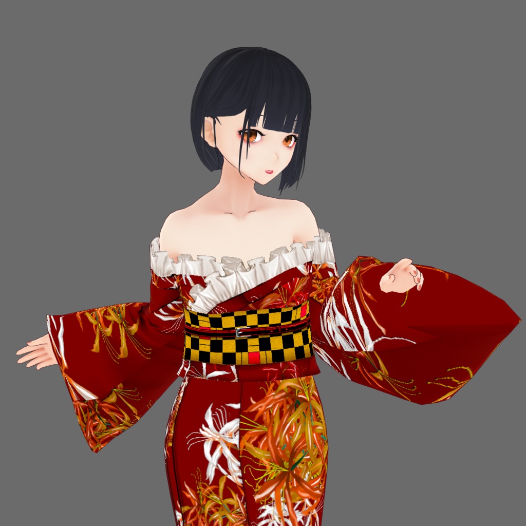 【Vroid】九月長月・レース付彼岸花柄浴衣(女性・女装用/2色8パターン+草履付)