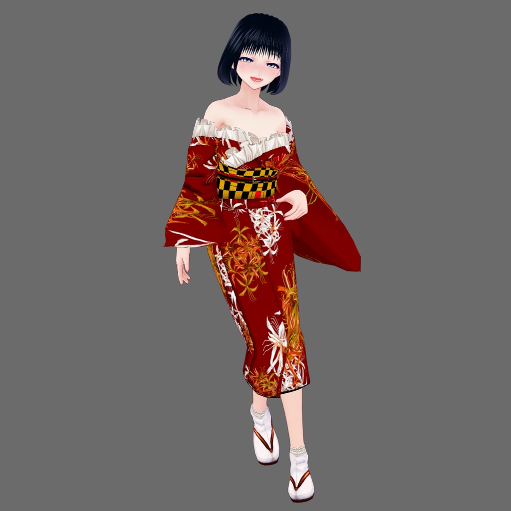 【Vroid】九月長月・レース付彼岸花柄浴衣(女性・女装用/2色8パターン+草履付)