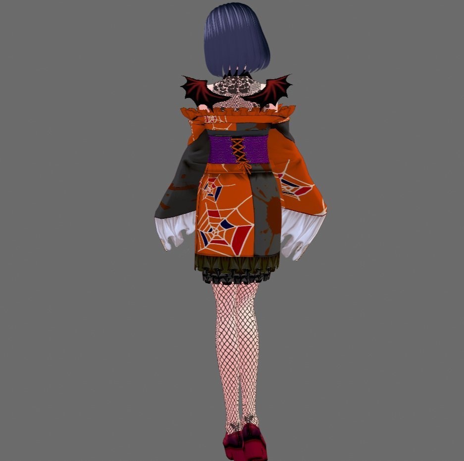 【Vroid】十月神無月・レース&翼付ハロウィン着物(女性・女装用/全3色)