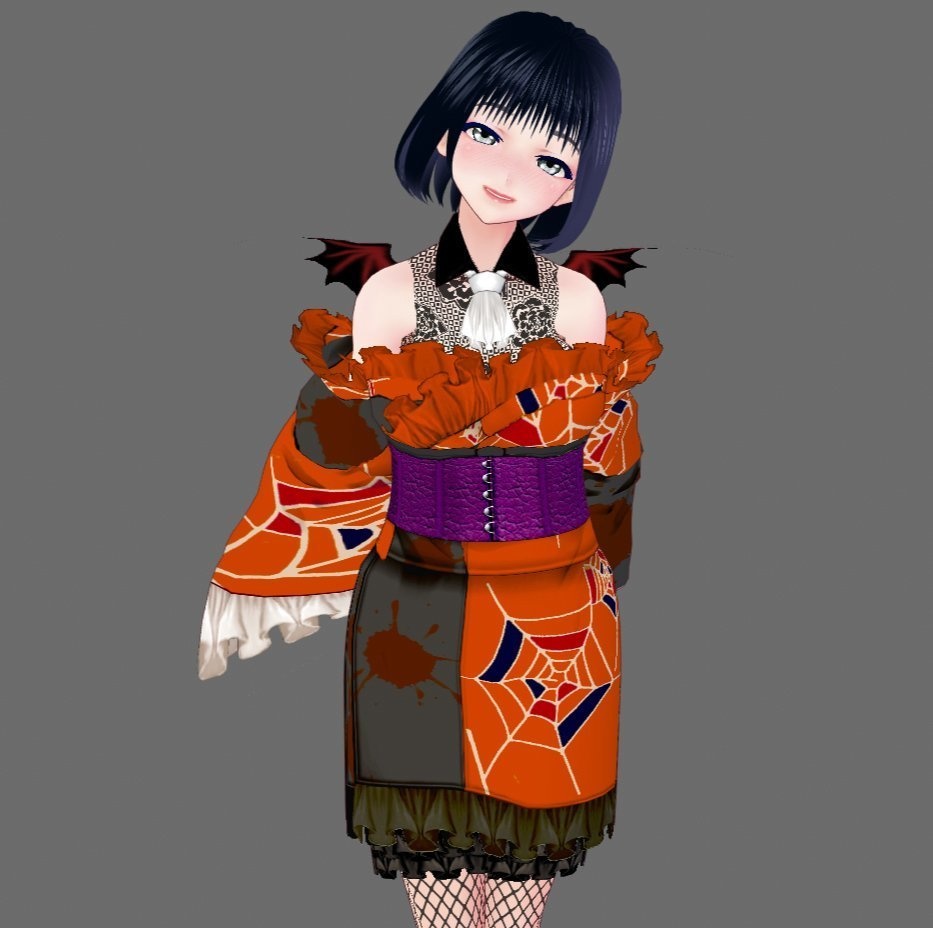 【Vroid】十月神無月・レース&翼付ハロウィン着物(女性・女装用/全3色)