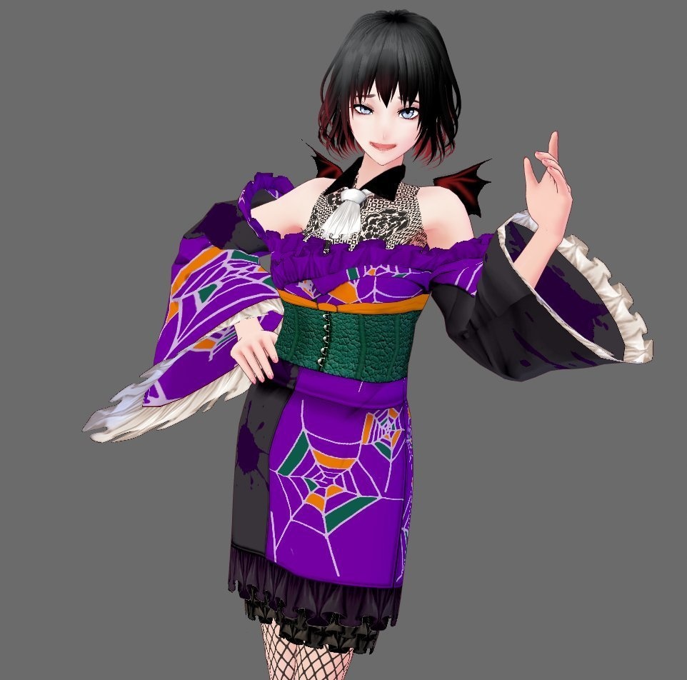 【Vroid】十月神無月・レース&翼付ハロウィン着物(女性・女装用/全3色)