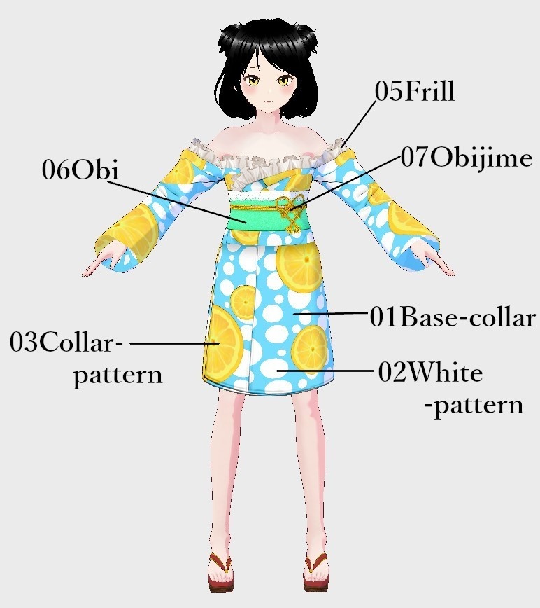 【Vroid】パーツセレクト・オフショル浴衣【女性・女装用/正式版】