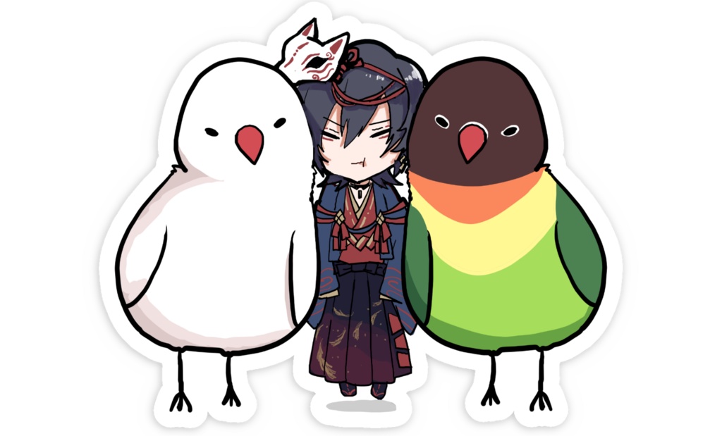 スマホステッカー|圭一&インコ2匹 ぎゅうぎゅうトリオ