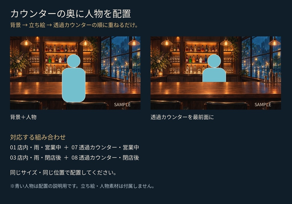 雨の街の小さなバー|背景6枚+透過カウンター2枚【生成AI使用】