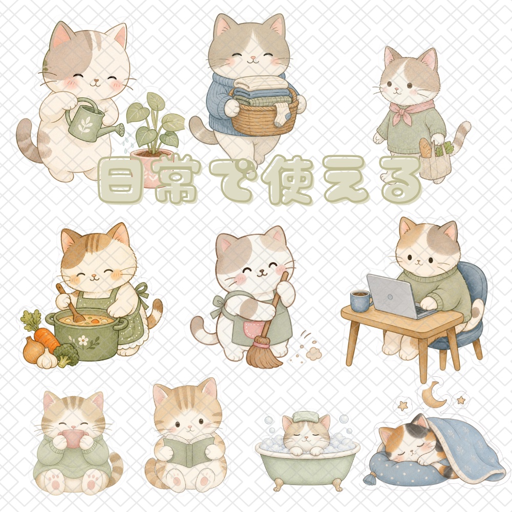 Cozy Cat Life|猫の日常イラスト素材|くすみカラー・透過PNG
