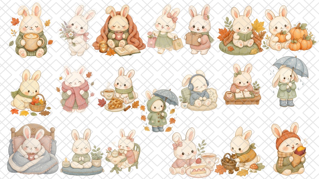 Cozy Rabbit Life|ウサギの日常イラスト素材|くすみカラー・透過PNG