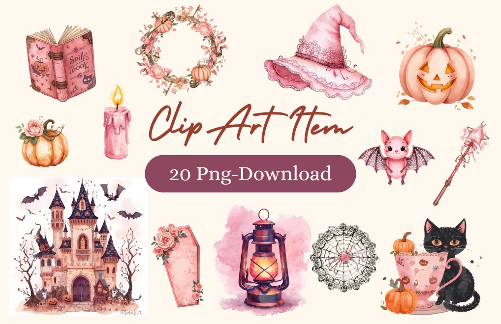 水彩風 ピンク アンティーク可愛い ハロウィン クリップアート セット（PNG背景透過／全20種類）