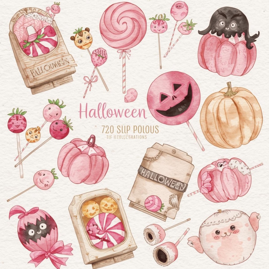 水彩風 ピンク アンティーク可愛い ハロウィン クリップアート セット(PNG背景透過/全20種類)