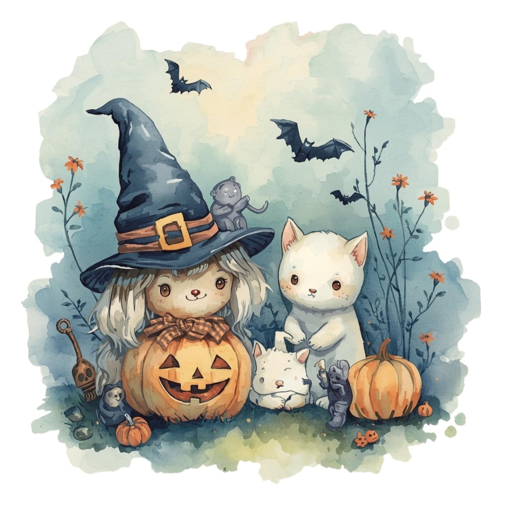 水彩ブルーアンティークハロウィンクリップアートセット(全20種・PNG)