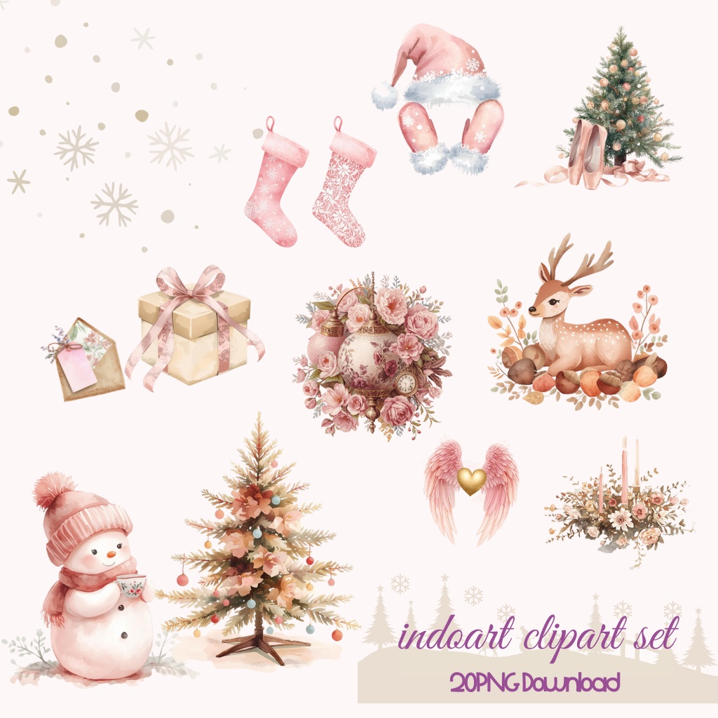 ふんわりピンクのクリスマス素材集 アンティーク×ナチュラル×水彩 Antique Pink Christmas Clipart