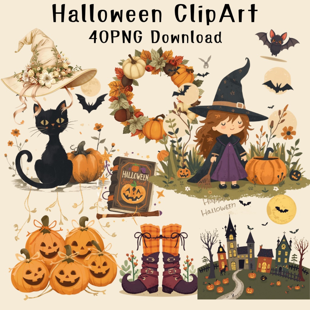 Halloween ClipArt Set|大人可愛いハロウィンクリップアート 40点セット(PNG・背景透過)