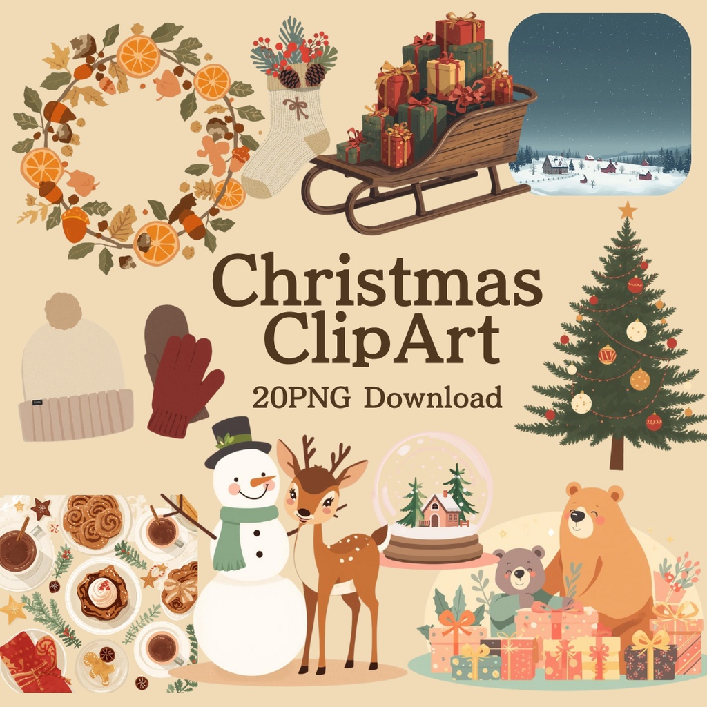 Christmas ClipArt Set｜ナチュラルで大人可愛いクリスマスクリップアート20点セット（PNG・背景透過）