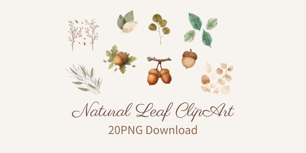 Natural Leaf & Acorn Clipart Set(ナチュラルリーフ&どんぐり素材集)20PNG