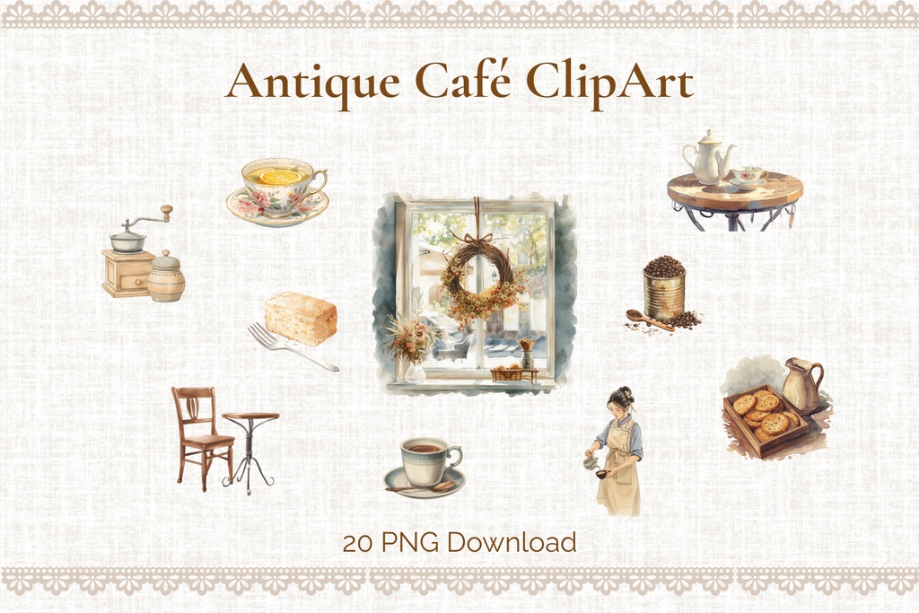 Antique Café ClipArt – 20 Vintage Coffee & Tea Illustrations (PNG Download) （アンティークカフェ クリップアート 20点セット）