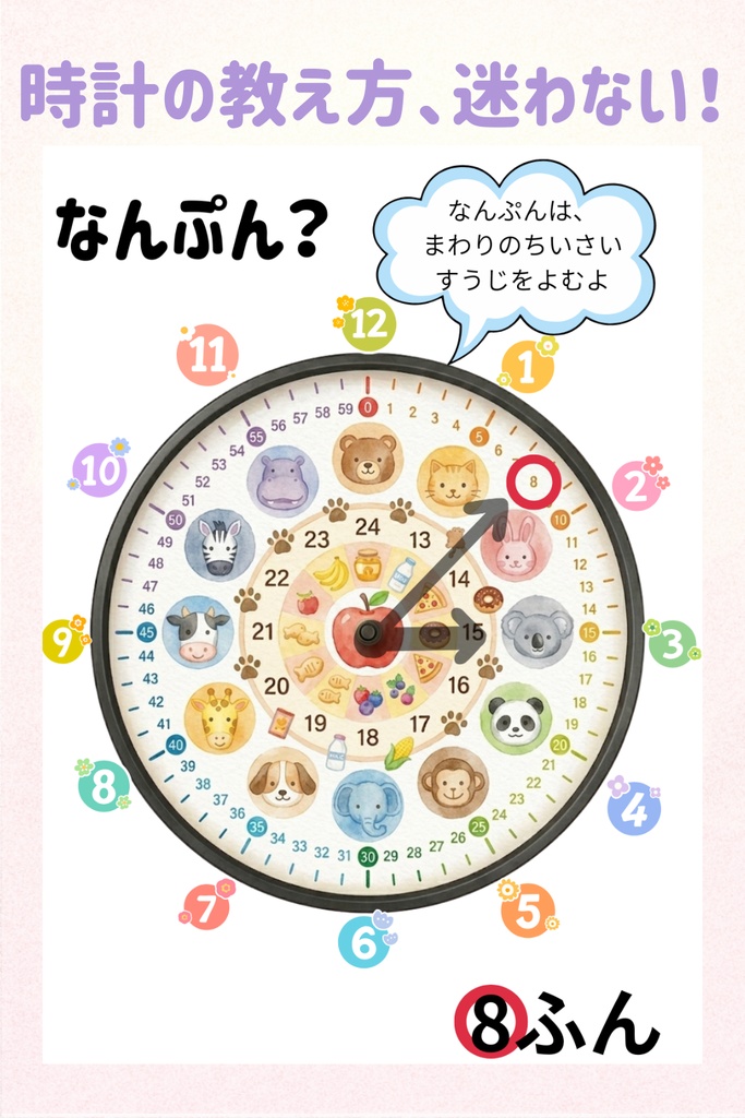 【おうち知育】書いて消せる!「動物の針なし時計シート」PDFデータ販売