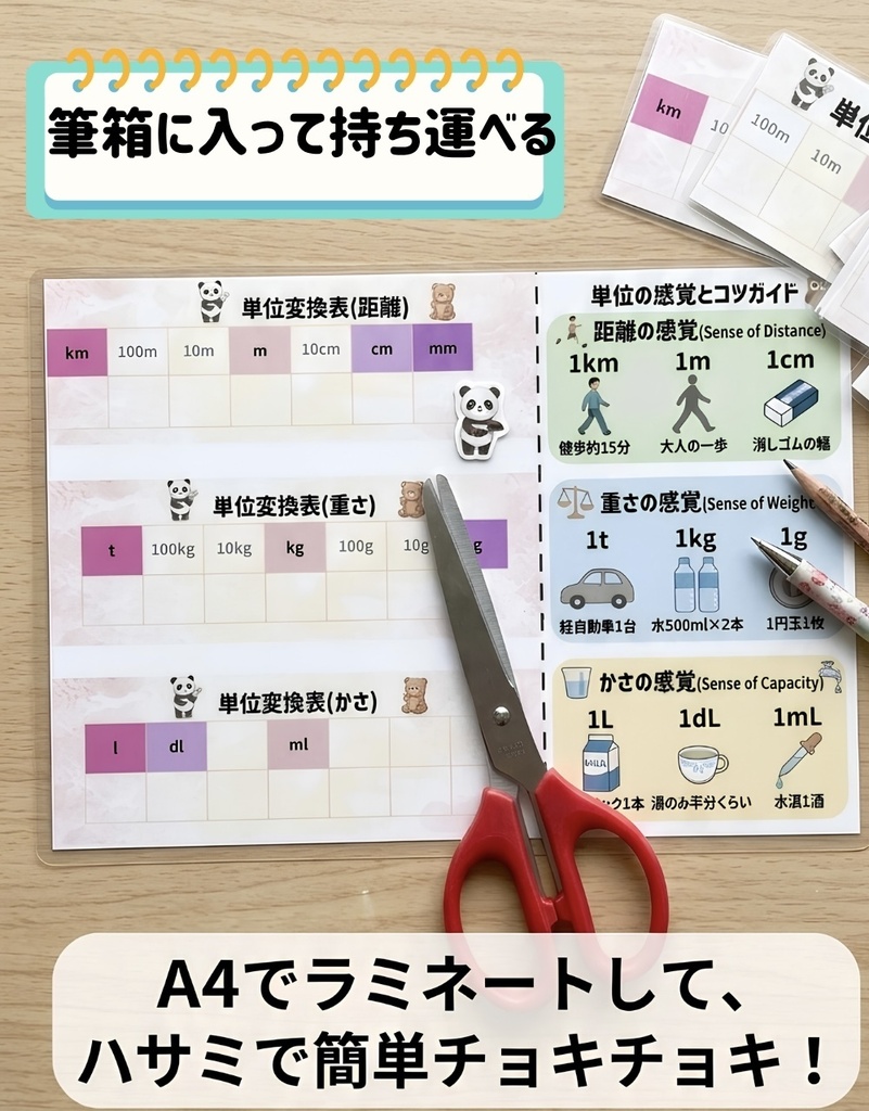 【算数プリント】単位の変換がパッとわかる!距離・重さ・かさの単位変換表(筆箱に入るミニサイズ)