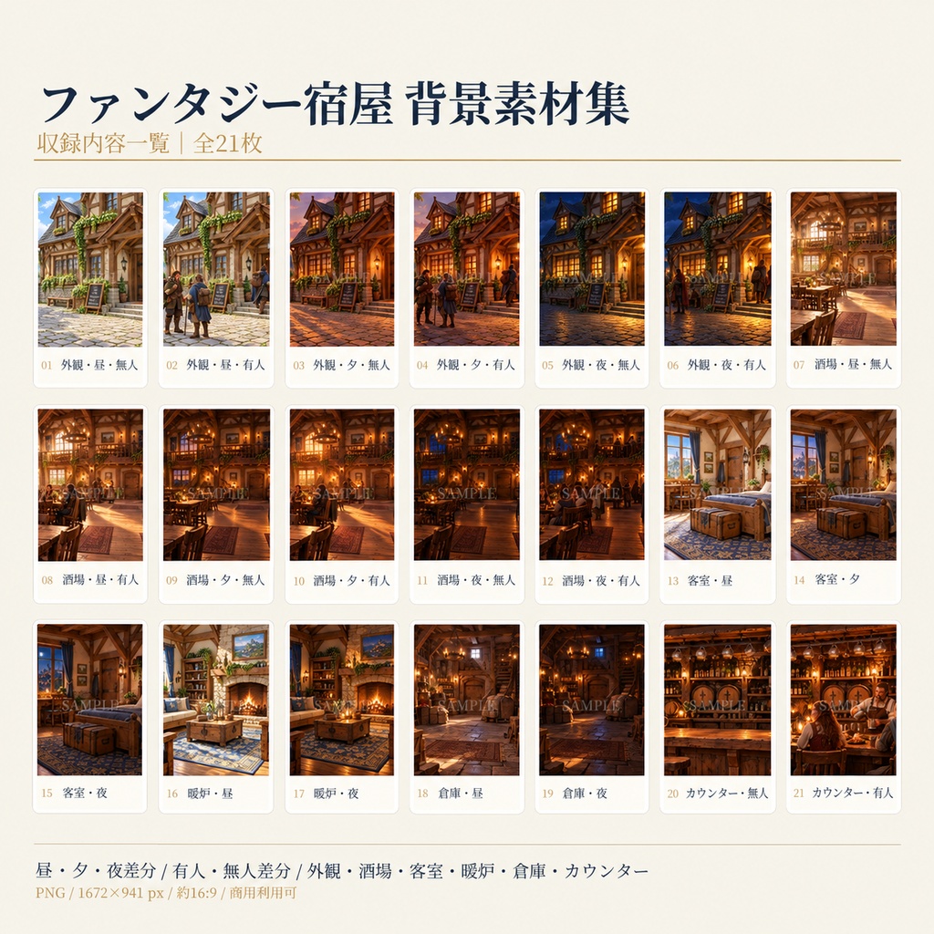 ファンタジー宿屋 背景素材集|全21種|昼・夕・夜差分+有人・無人差分
