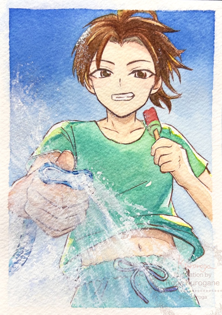 透明水彩イラスト原画「水遊び」