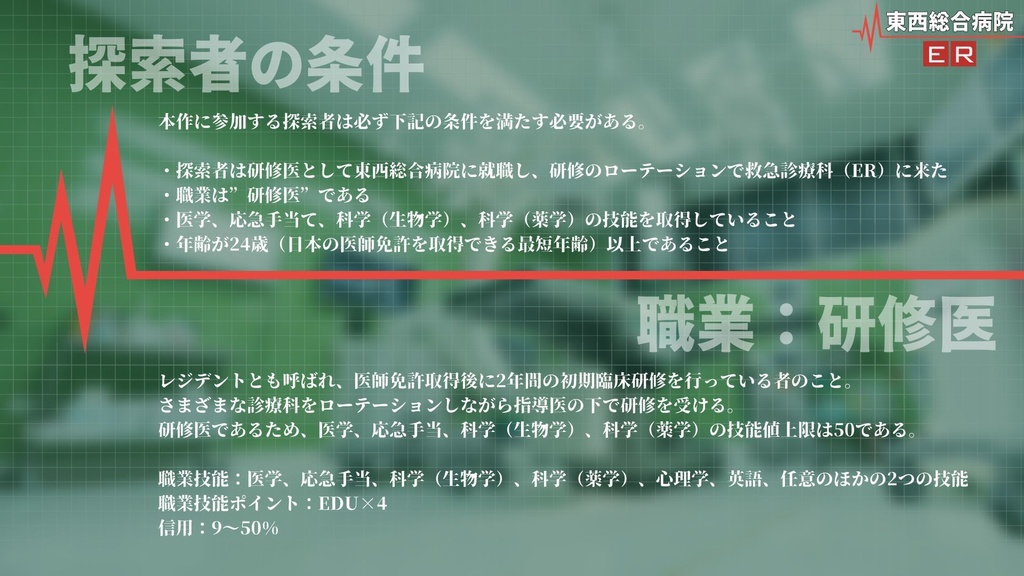 【新クトゥルフ神話TRPG】七伏市 東西総合病院ER【SPLL:E195274】