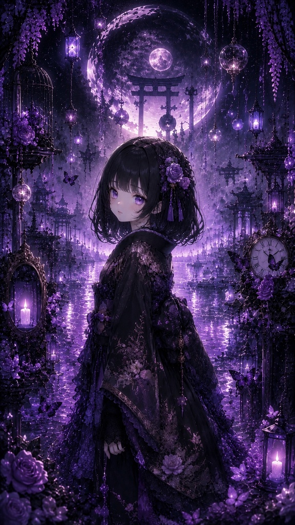 紫月の幻想少女｜和風ゴシック壁紙3枚セット