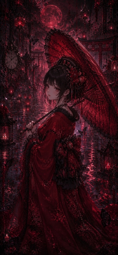 🩸 紅月に染まる和ゴシック少女｜幻想壁紙3枚セット