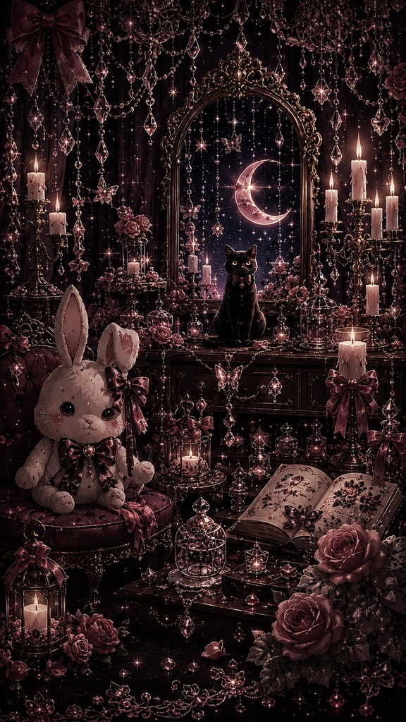 🖤 月夜の黒猫と夢うさぎ｜ゴシック幻想壁紙3枚セット