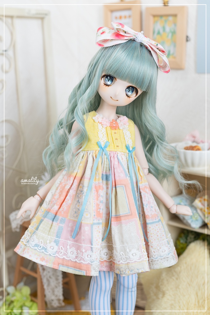 【☆MDD/SDM】春ワンピース(サーモンピンク×水色リボン)