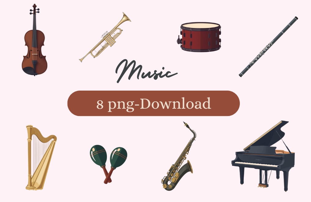 楽器クリップアート8点セット（PNG形式、背面透過）