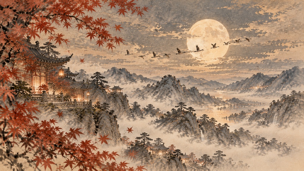 二胡×ヒーリングミュージック|紅葉の山寺で過ごす秋の月夜 イラスト素材集(全19枚)【未公開カット含む完全版】