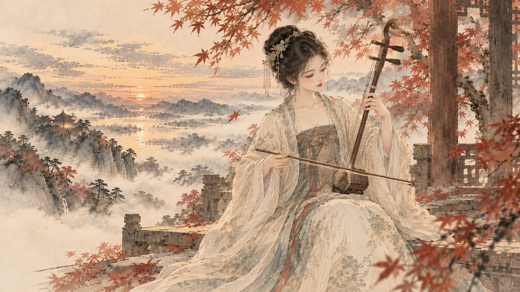 二胡×ヒーリングミュージック｜紅葉の山寺で過ごす秋の月夜 イラスト素材集（全19枚）【未公開カット含む完全版】