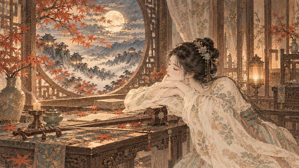二胡×ヒーリングミュージック|紅葉の山寺で過ごす秋の月夜 イラスト素材集(全19枚)【未公開カット含む完全版】