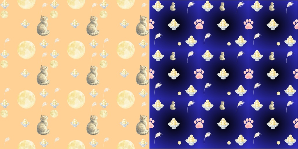 【4点セット】月見猫&月見犬|お月見・十五夜 デジタルペーパー|水彩風PNG