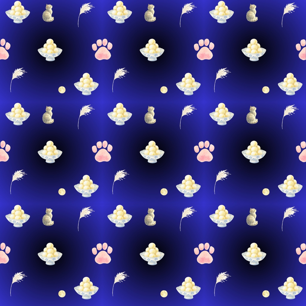 【デジタルペーパー】月見猫と月見団子｜お月見・十五夜｜水彩風ブルーPNG