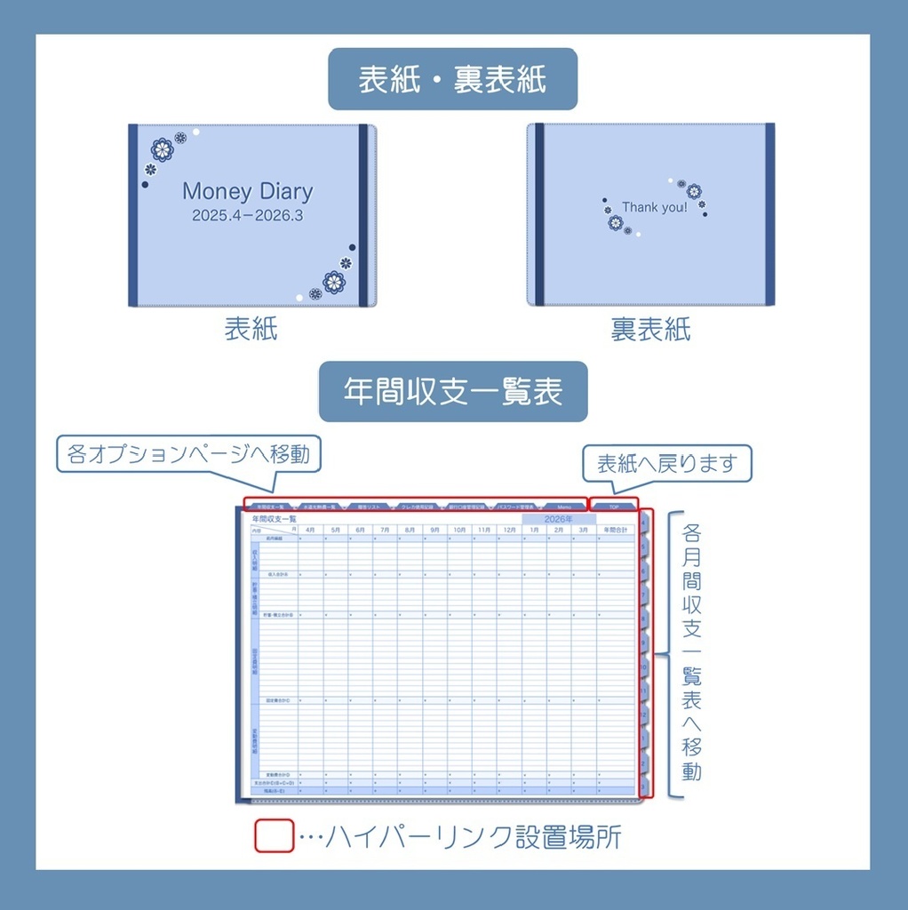 ≪5%OFFセール中≫2025年4月-2026年3月デジタル家計簿(日曜始まり・Blue)