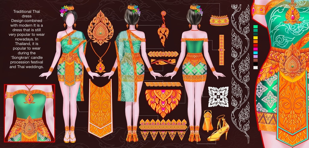 [VTuber Outfit/3面図] Modern Thai Dress Character Design - タイ伝統ドレス
