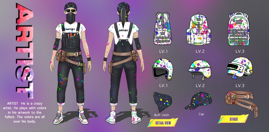 [Game Design/PNG] "ARTIST" Splatter Paint Outfit & Leveled Equipment Set - ゲーム衣装デザイン