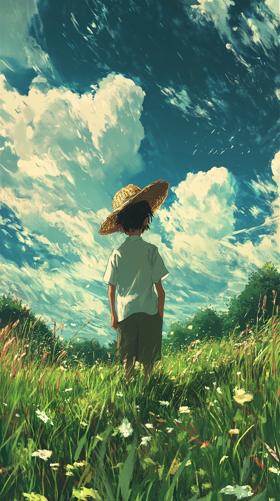【4K Wallpaper& Movie】日本の美しい広大な野原と麦わら帽子の少年│Beautiful vast fields of Japan and a boy with a straw hat