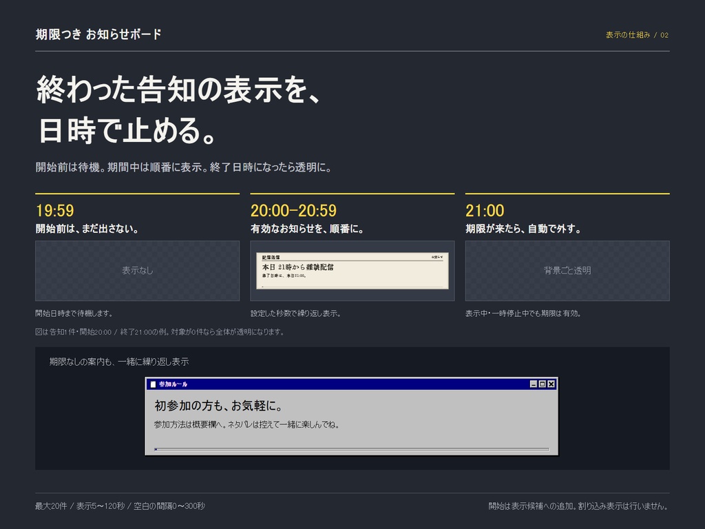 【OBS用】期限つき お知らせボード|告知の自動切り替え・終了日時で非表示|2デザイン×2レイアウト