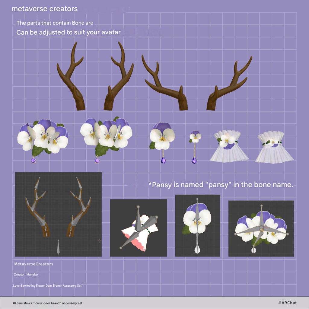 Love-Bewildered Flower & Deer Branch Accessory Set - VRChat Avatar Accessory / CP34