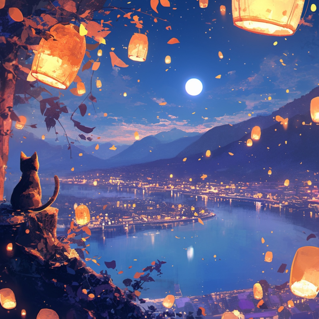 夜空に灯るランタンと猫のいる街
