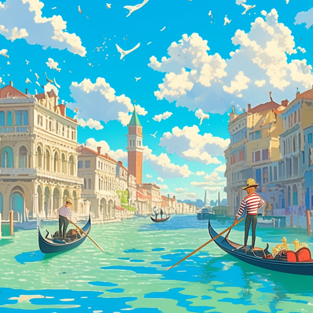 鮮やかな色彩に誘われて、青い運河をゆくゴンドラ。