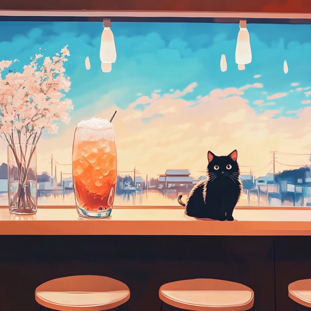 夕焼けと、桜と、窓辺で待つ黒猫。