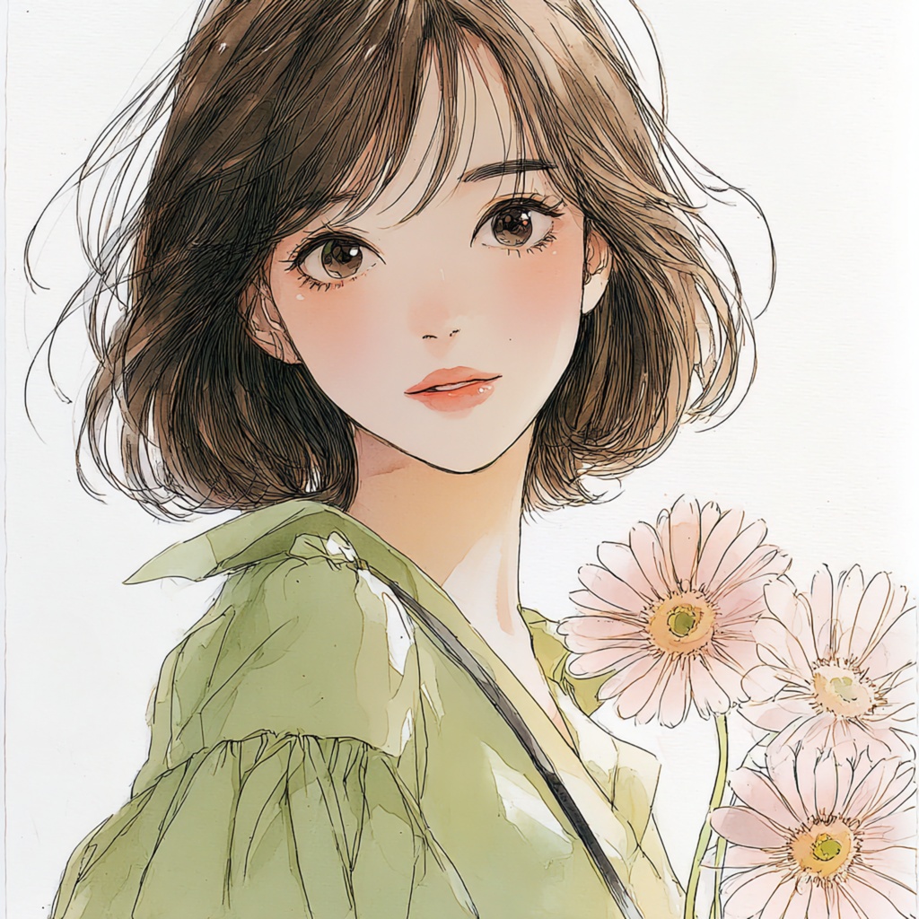 ガーベラと、風に揺れるショートヘア