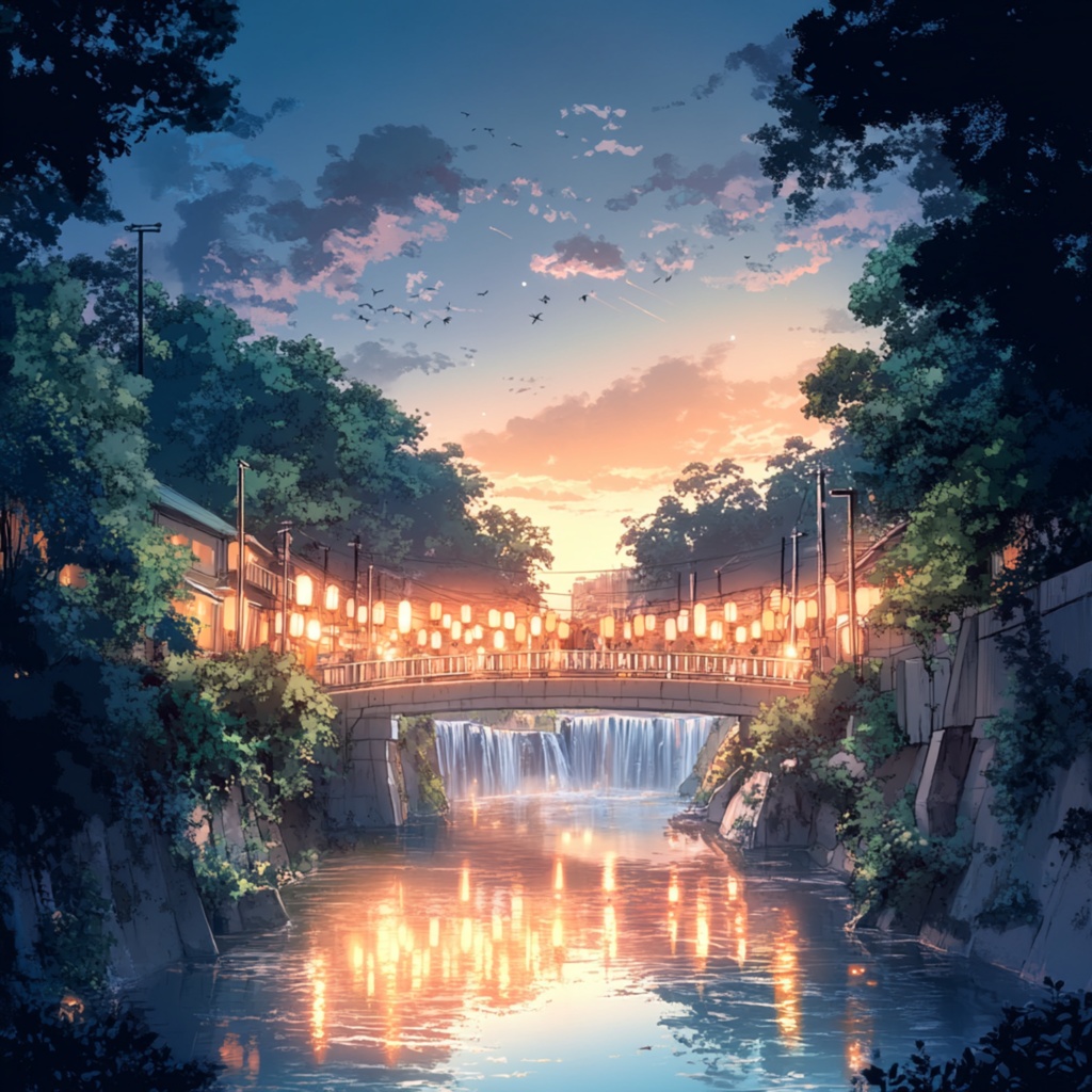 提灯の光が水面に揺れる、夕暮れの隠れ里