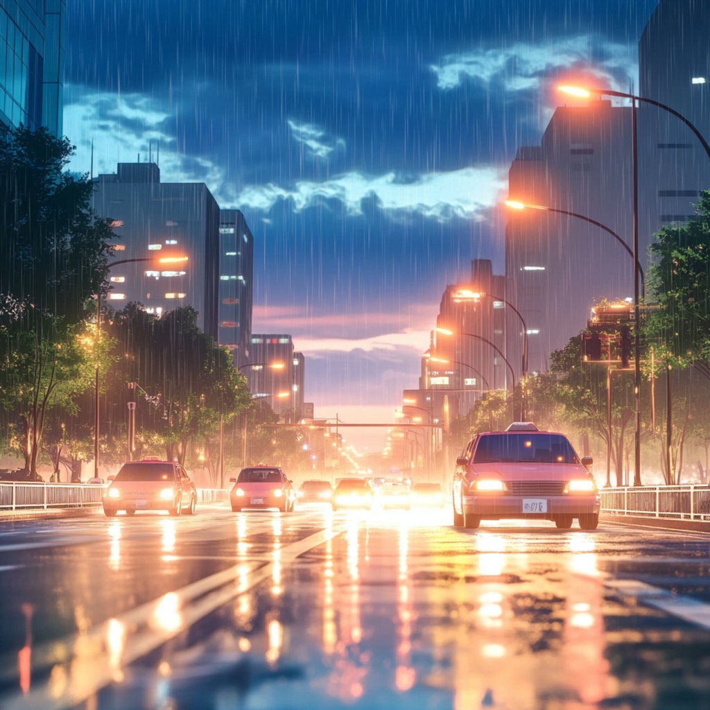 雨のメタリック・ナイト。水面に滲む都会のハイウェイ