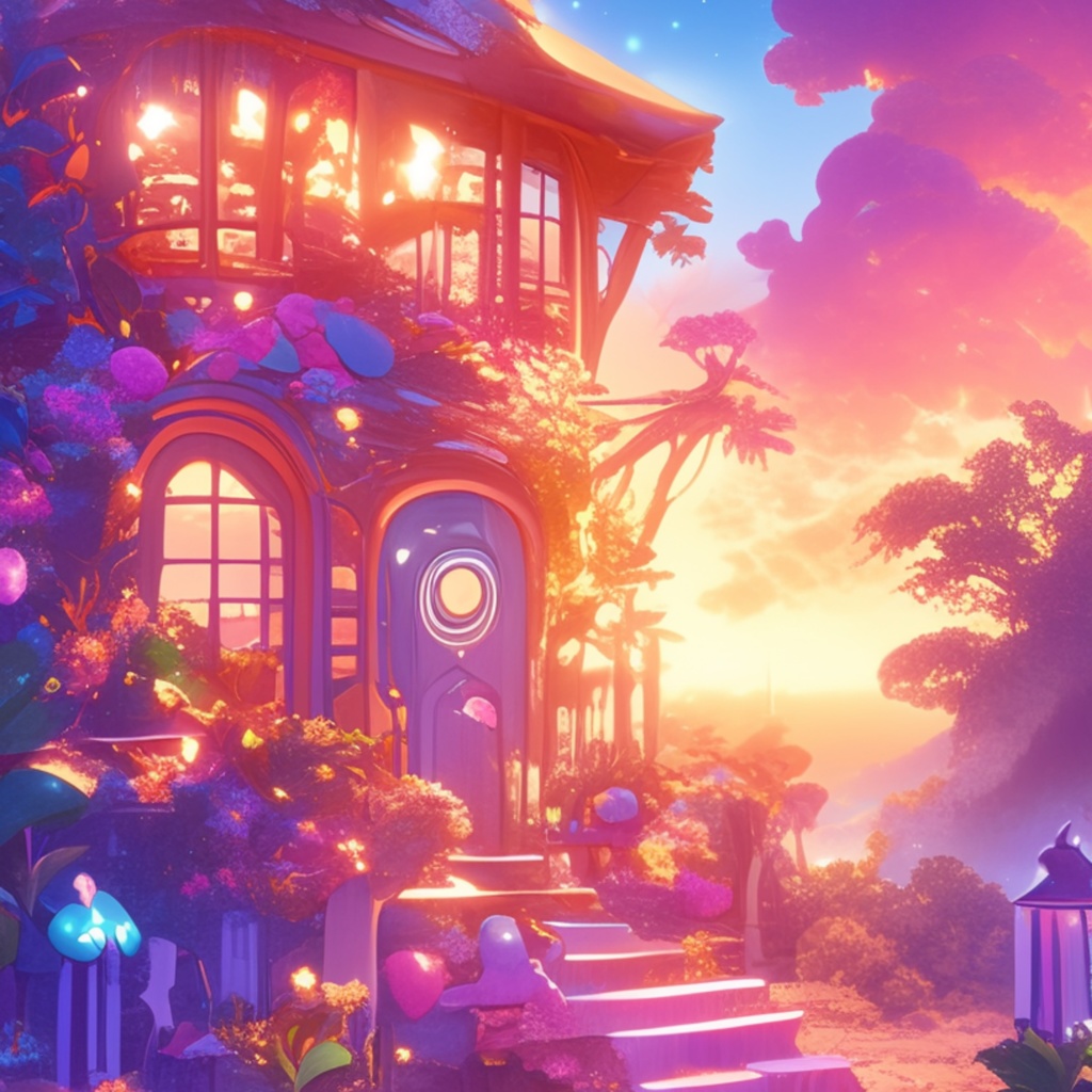 魔法にかかった日没。極彩色に輝くファンタジーハウス