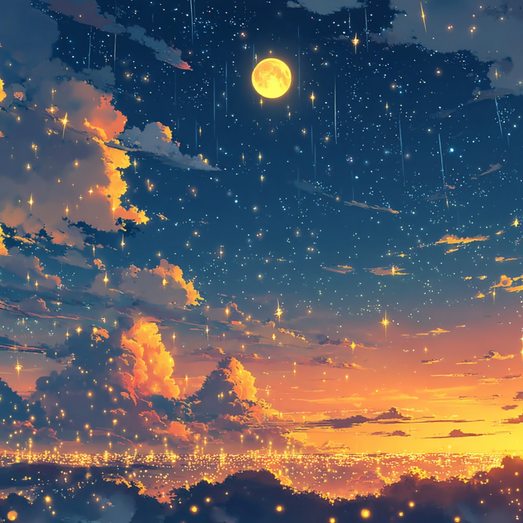 星屑が降る夜、街を照らす黄金の月